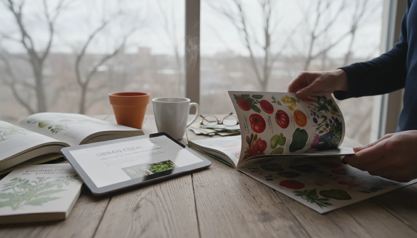 Person's hands turning a seed catalog page on a table with a gardening book, tablet, empty pot, and tea mug, window view of winter branches.
