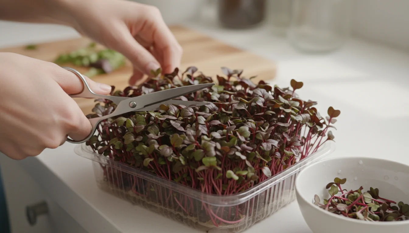 A person's hands use small shears to harvest vibrant red mizuna microgreens from a shallow tray into a white bowl on a countertop.