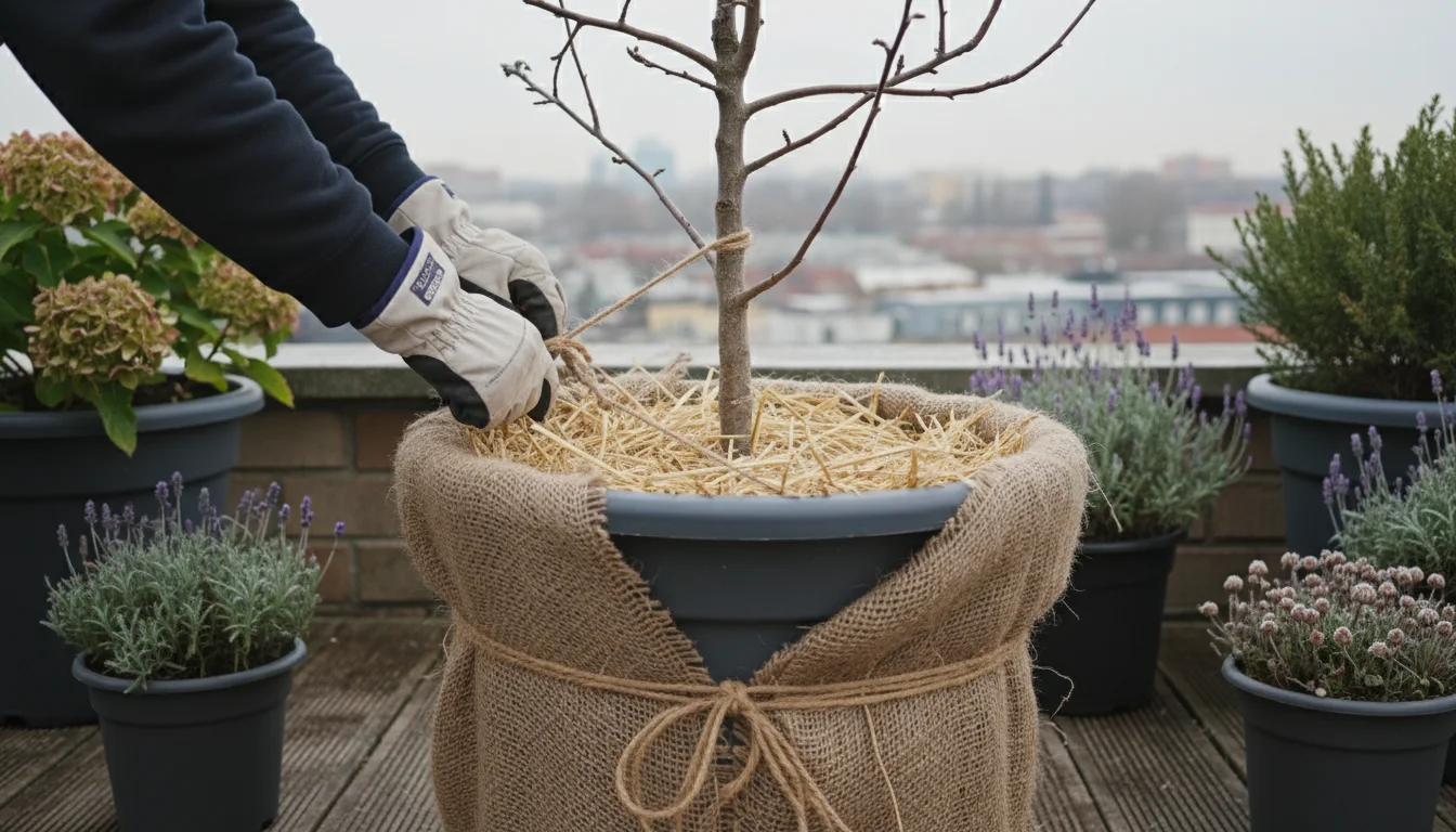 Person's hands wrapping a potted, bare-branched dwarf apple tree with burlap on a patio for winter protection, with mulched soil.