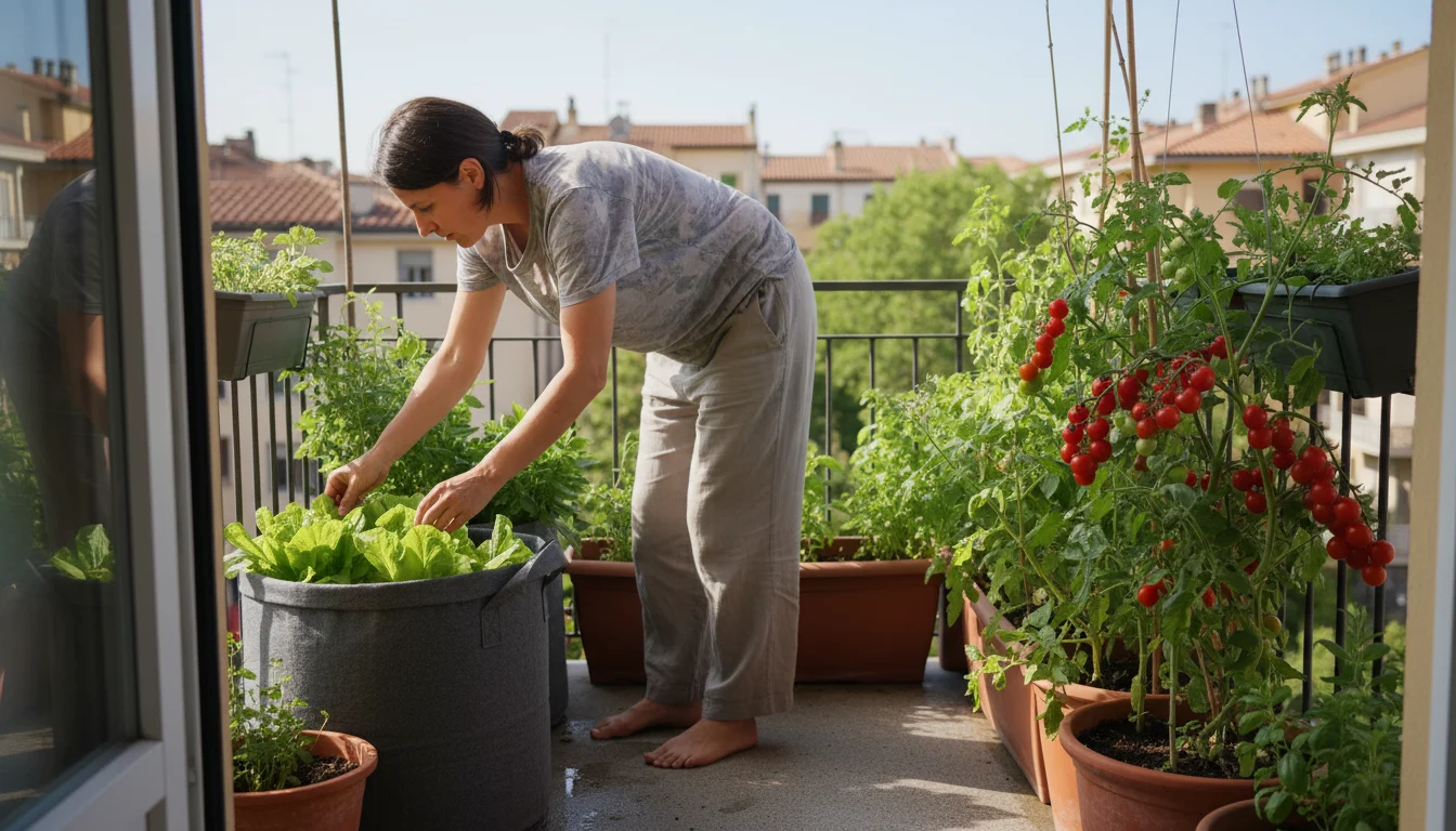 Person harvests lettuce from a shaded grow bag on a sunlit urban balcony, with tomato plants in full sun and varied container heights visible.