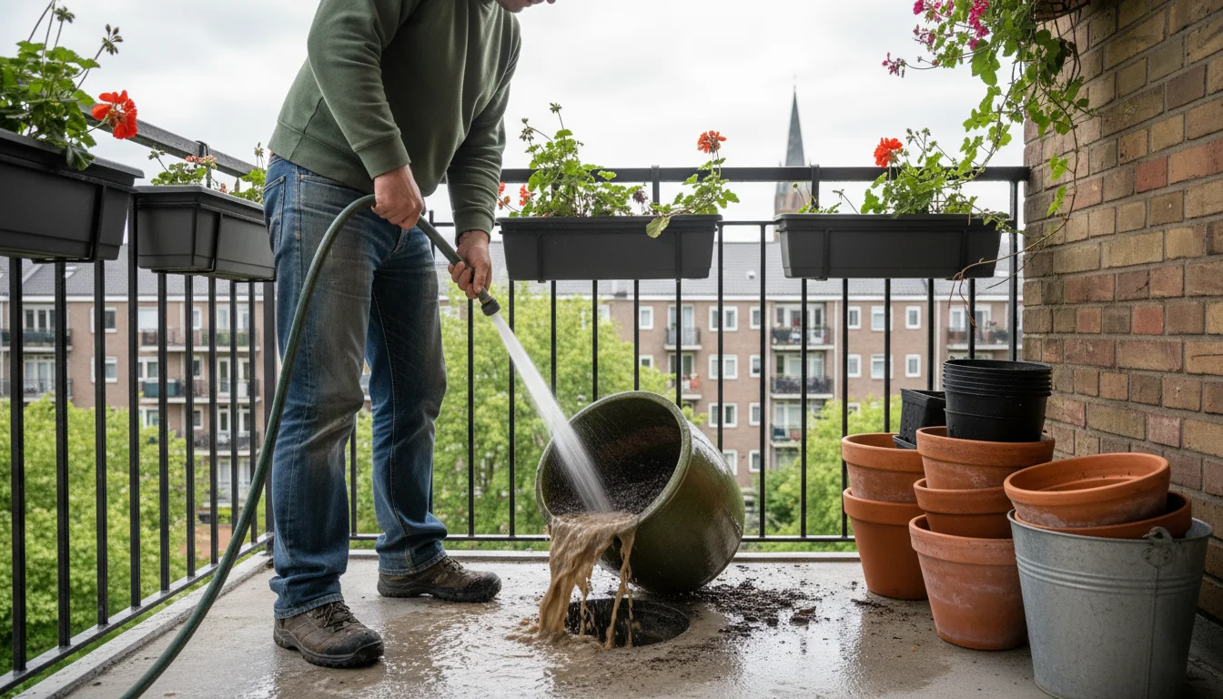 Person hosing down an emptied ceramic pot on a small urban balcony. Other dirty pots await cleaning.