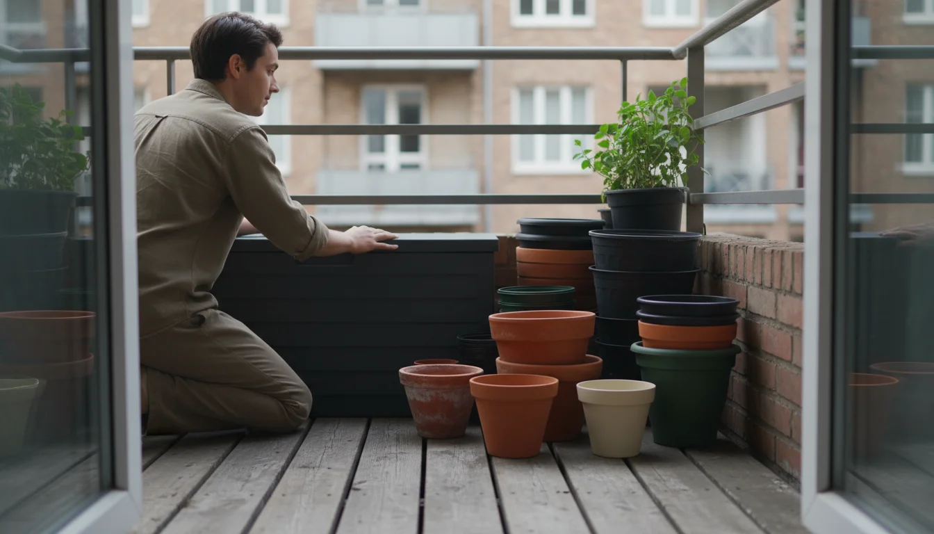 Person kneeling beside an outdoor storage bench on a balcony, with empty pots stacked nearby, preparing for winter storage.