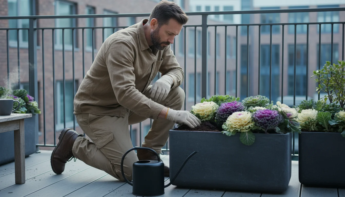 A person kneels on a balcony, gently checking the soil moisture in a container of ornamental kale with one hand.