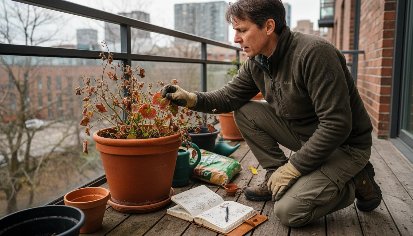 Person kneels on balcony, examining a potted plant with browning leaves. An open garden journal lies nearby.