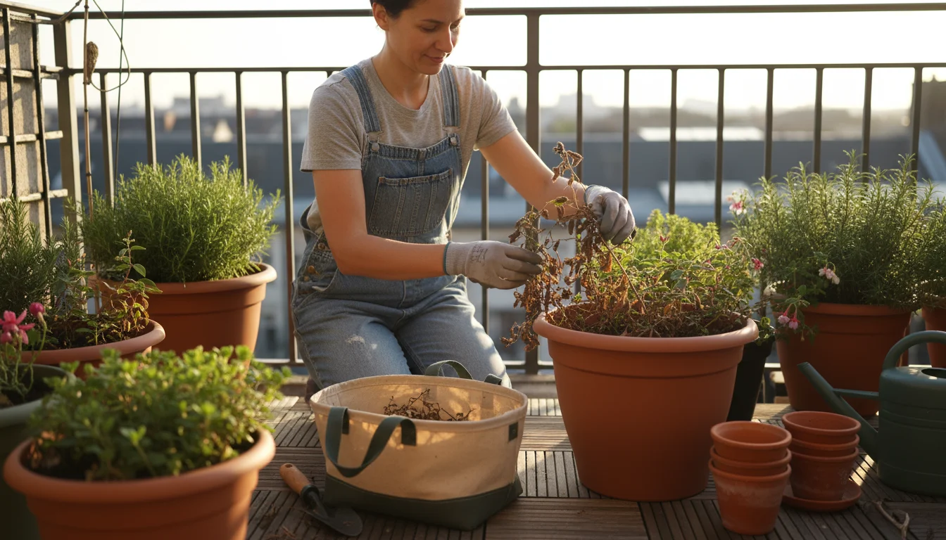 A person kneels on a sun-dappled urban balcony, clearing faded plants from a terracotta pot into a trug.