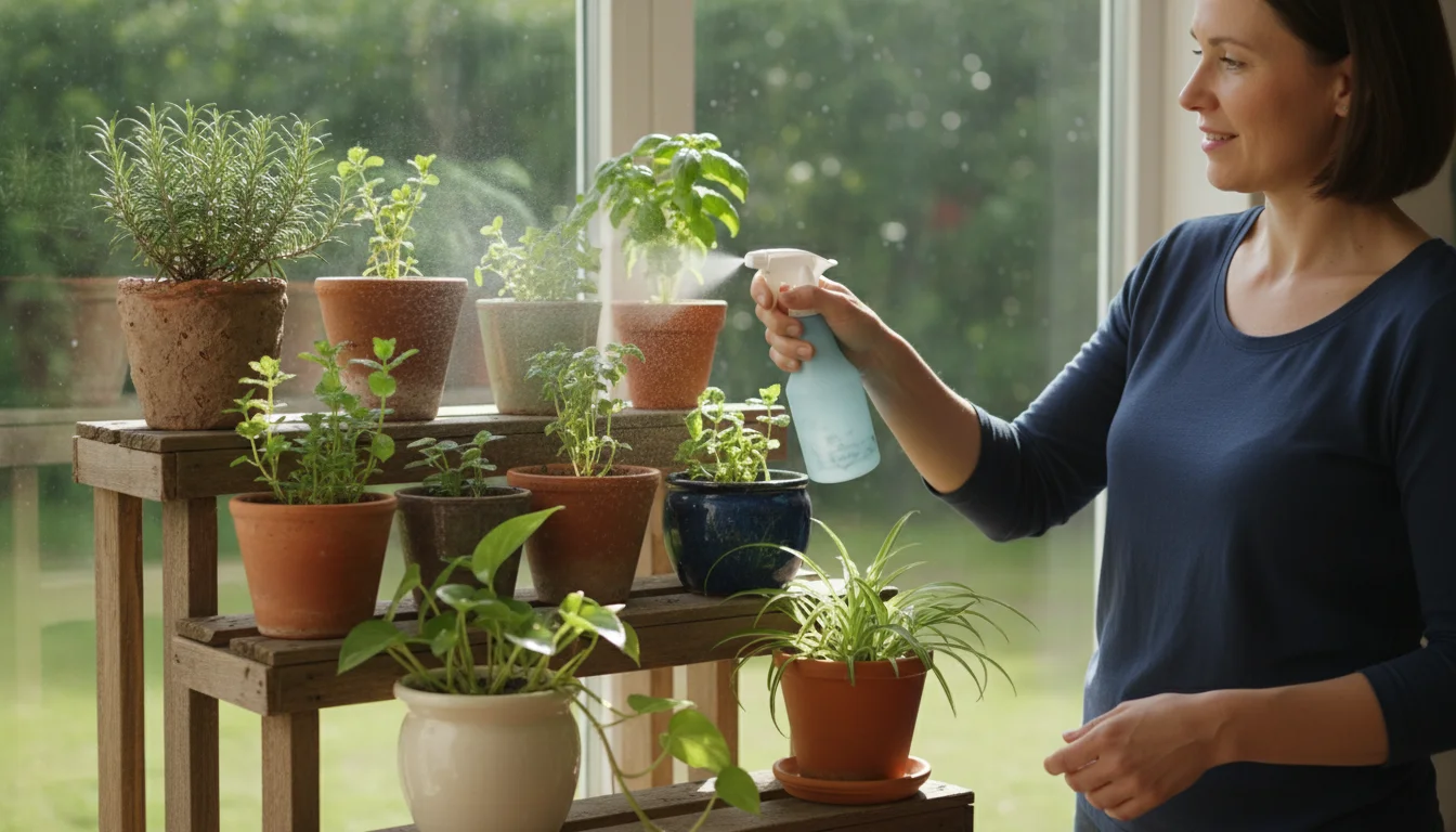 Person gently misting a basil plant on a wooden plant stand filled with various small potted herbs and houseplants near a sunlit window.