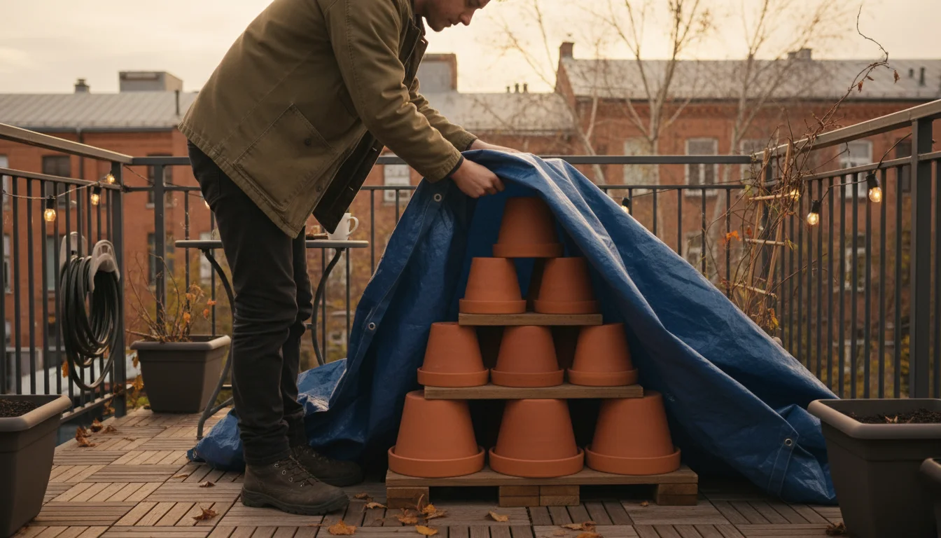 Person on a patio carefully covers a stack of upside-down terracotta pots, resting on blocks, with a blue tarp for winter.