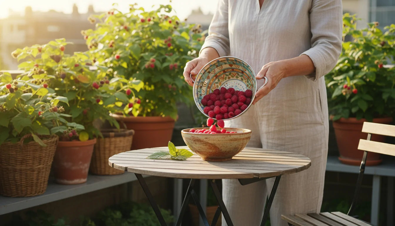 Person on a patio transfers red raspberries from a colander to a bowl on a bistro table. Container berry bushes in soft-focus background.