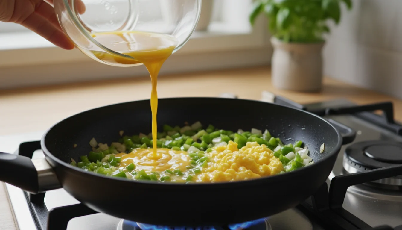 A person pours whisked eggs into a non-stick skillet containing sautéing diced green peppers and onions on a stovetop.