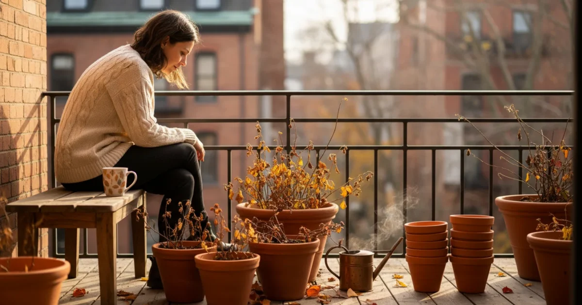 A person sits on a balcony, thoughtfully looking at pots with dried plants and a gardening journal, planning for spring.