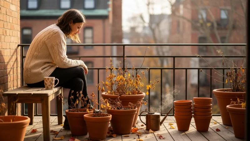A person sits on a balcony, thoughtfully looking at pots with dried plants and a gardening journal, planning for spring.
