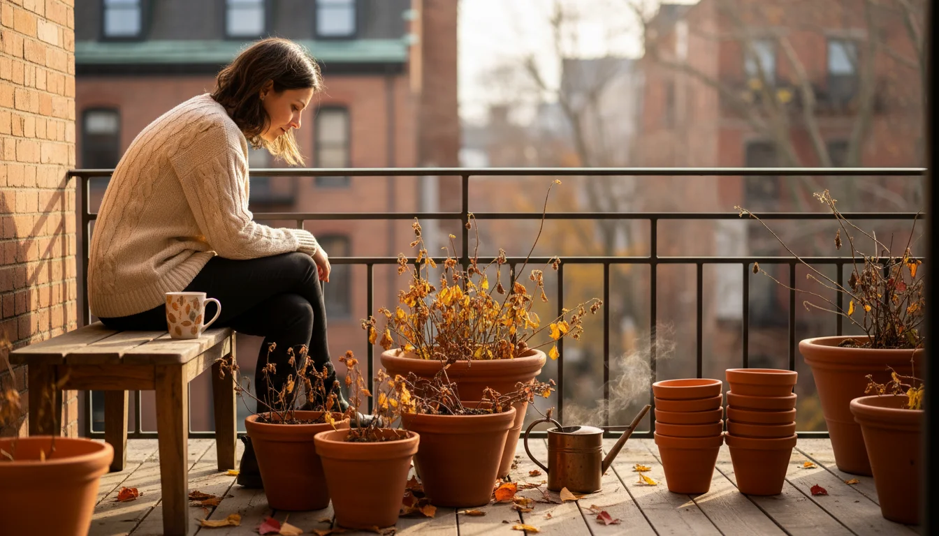 A person sits on a balcony, thoughtfully looking at pots with dried plants and a gardening journal, planning for spring.