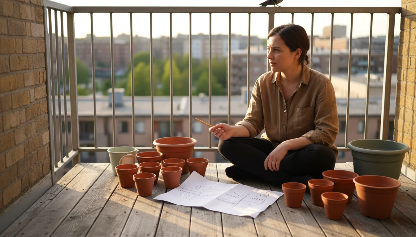Person on a small balcony looks at a hand-drawn sun diagram, surrounded by clean empty pots, planning next spring's layout.