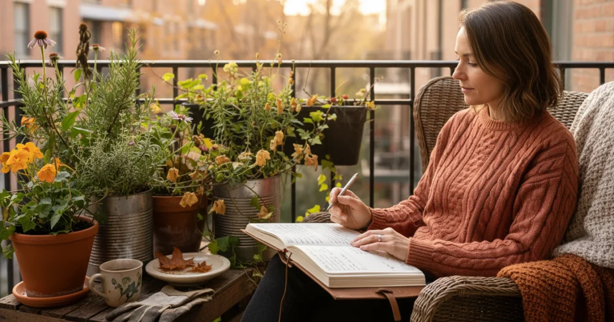 A person on a small balcony looks at their garden journal surrounded by container plants, some thriving, some faded, in early fall.