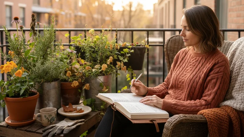 A person on a small balcony looks at their garden journal surrounded by container plants, some thriving, some faded, in early fall.