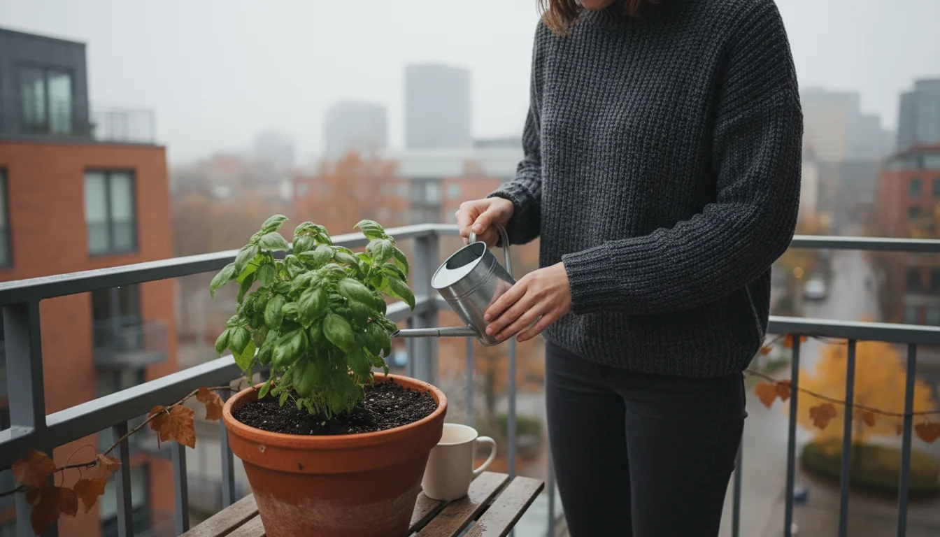 Person on a small balcony observes moist soil in a terracotta pot, holding a watering can on an overcast fall morning.