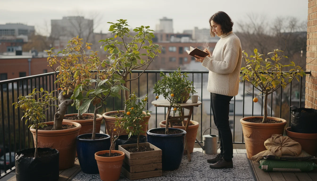 A person on a small patio thoughtfully examines various potted dwarf fruit trees, preparing them for winter.