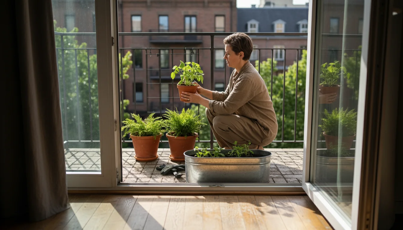 Person on a small, urban balcony kneeling to rearrange terracotta pots and a rectangular planter box near a metal vertical grid.