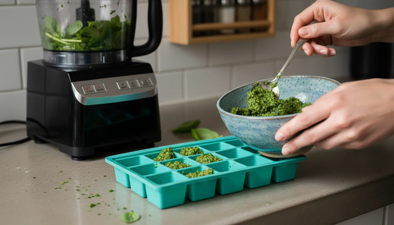 A person spoons bright green herb paste into a silicone ice cube tray on a kitchen counter, with a food processor and basil nearby.