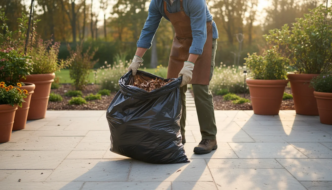 Person on a sunlit patio gently rolls a large black contractor bag filled with decomposing leaves.