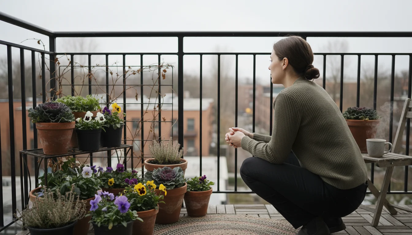 Person in a sweater crouched on a small patio, thoughtfully observing hardy kale and pansies in containers under cool late-fall light.
