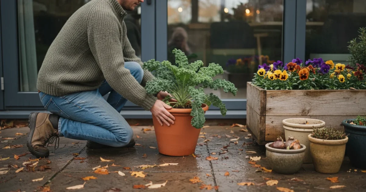 Person in a sweater slides a terracotta pot of kale across a leaf-strewn patio towards a sheltered door. Other pots are arranged.