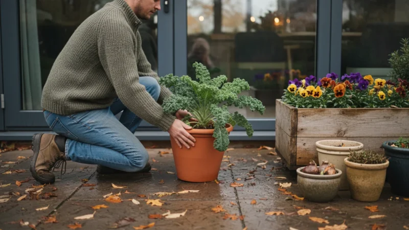 Person in a sweater slides a terracotta pot of kale across a leaf-strewn patio towards a sheltered door. Other pots are arranged.