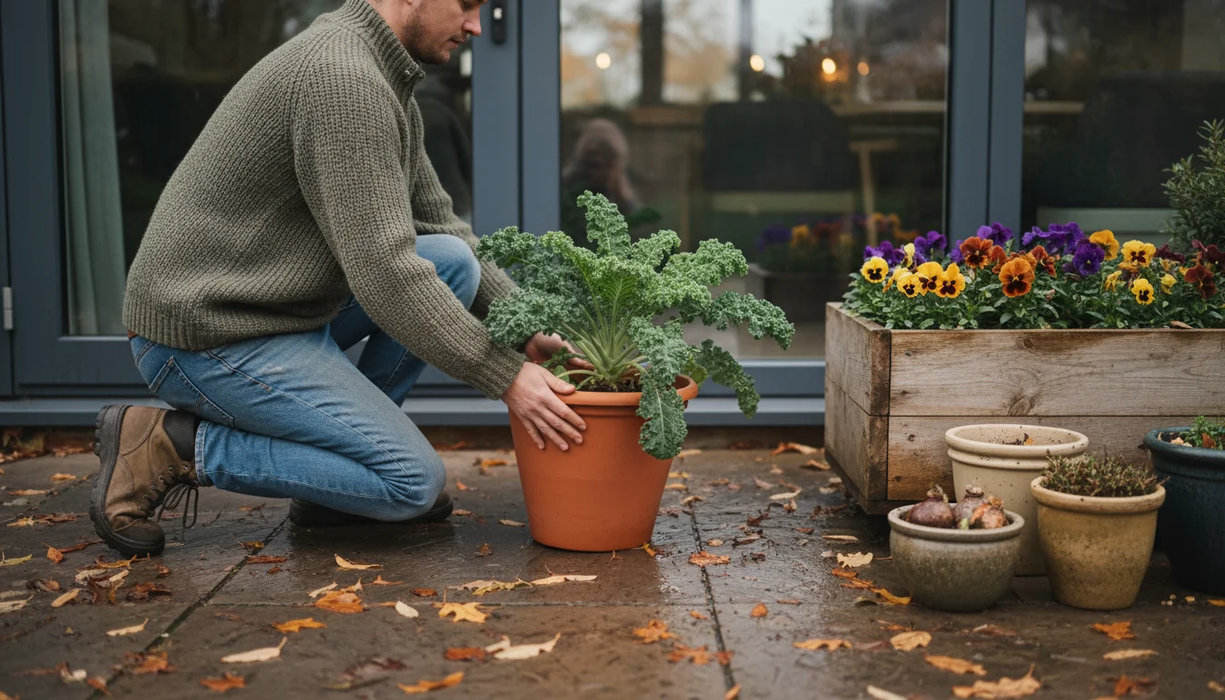Person in a sweater slides a terracotta pot of kale across a leaf-strewn patio towards a sheltered door. Other pots are arranged.