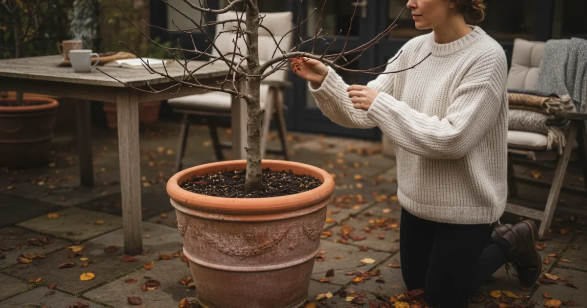 A person gently touches the bare branch of a dwarf apple tree in a pot on a patio, observing its dormancy.