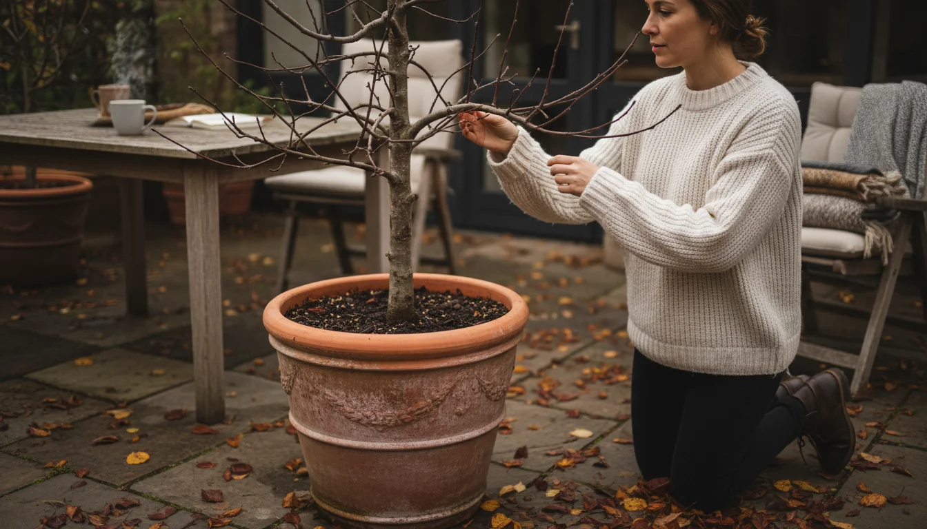 A person gently touches the bare branch of a dwarf apple tree in a pot on a patio, observing its dormancy.