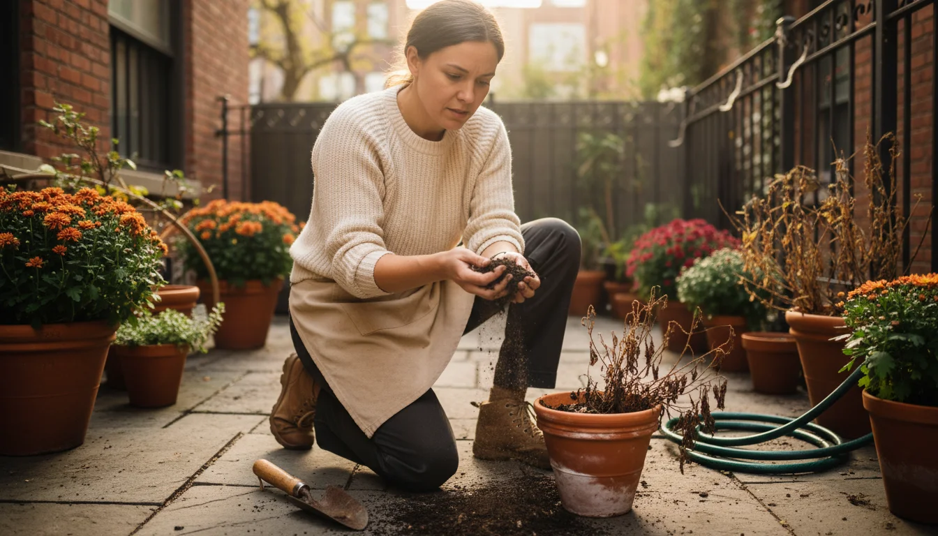 A person with ungloved hands examines spent potting mix from a terracotta pot on a city patio, a notebook lying nearby.