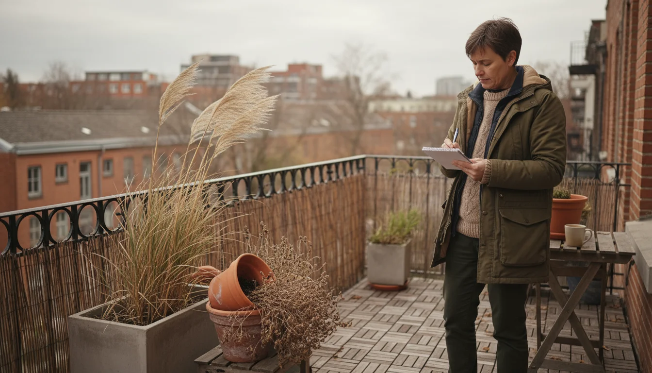 A person on an urban balcony in autumn, holding a notebook and pen, observing wind-affected container plants including a leaning grass and tilted pot.