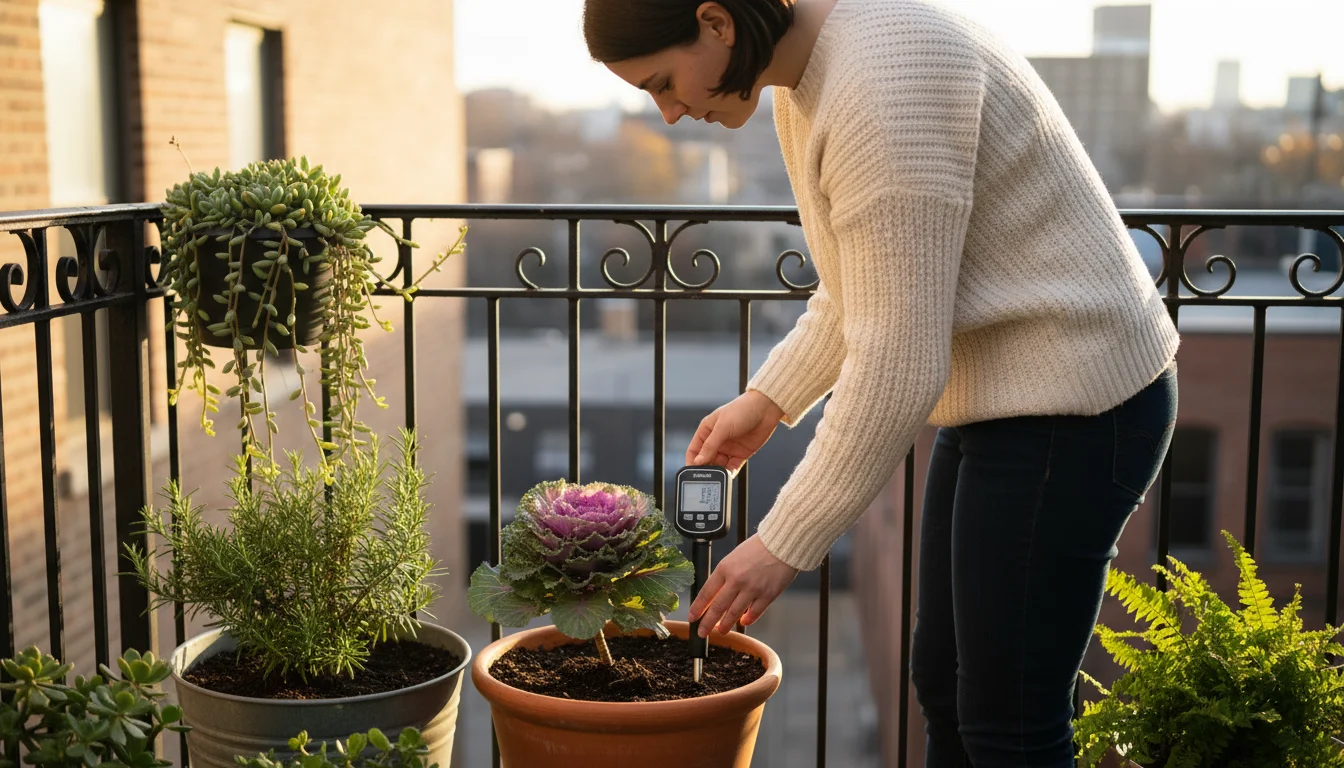 Person on an urban balcony checking soil moisture in a terracotta pot with a digital meter, surrounded by diverse container plants.