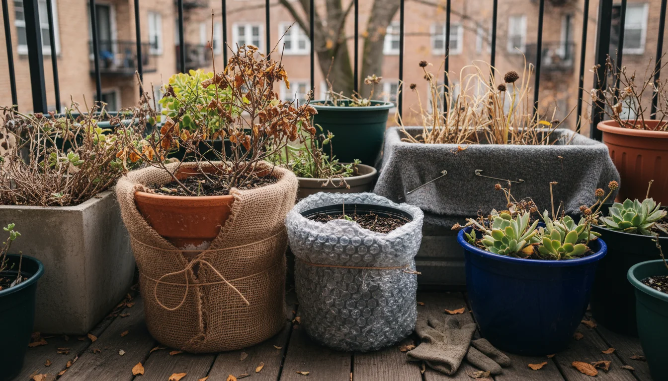 A person on an urban balcony groups and wraps container plants with burlap and bubble wrap for insulation in late fall.
