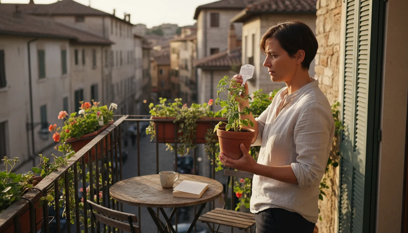 A person on an urban balcony intently reads a plant tag on a vibrant potted plant, with other lush container gardens in the soft background.