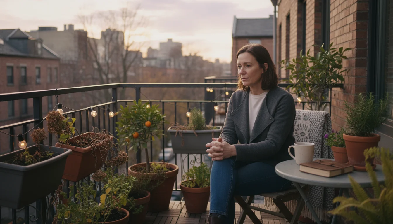 A person on an urban balcony in late autumn, reviewing a gardening journal amidst container plants showing end-of-season wear.