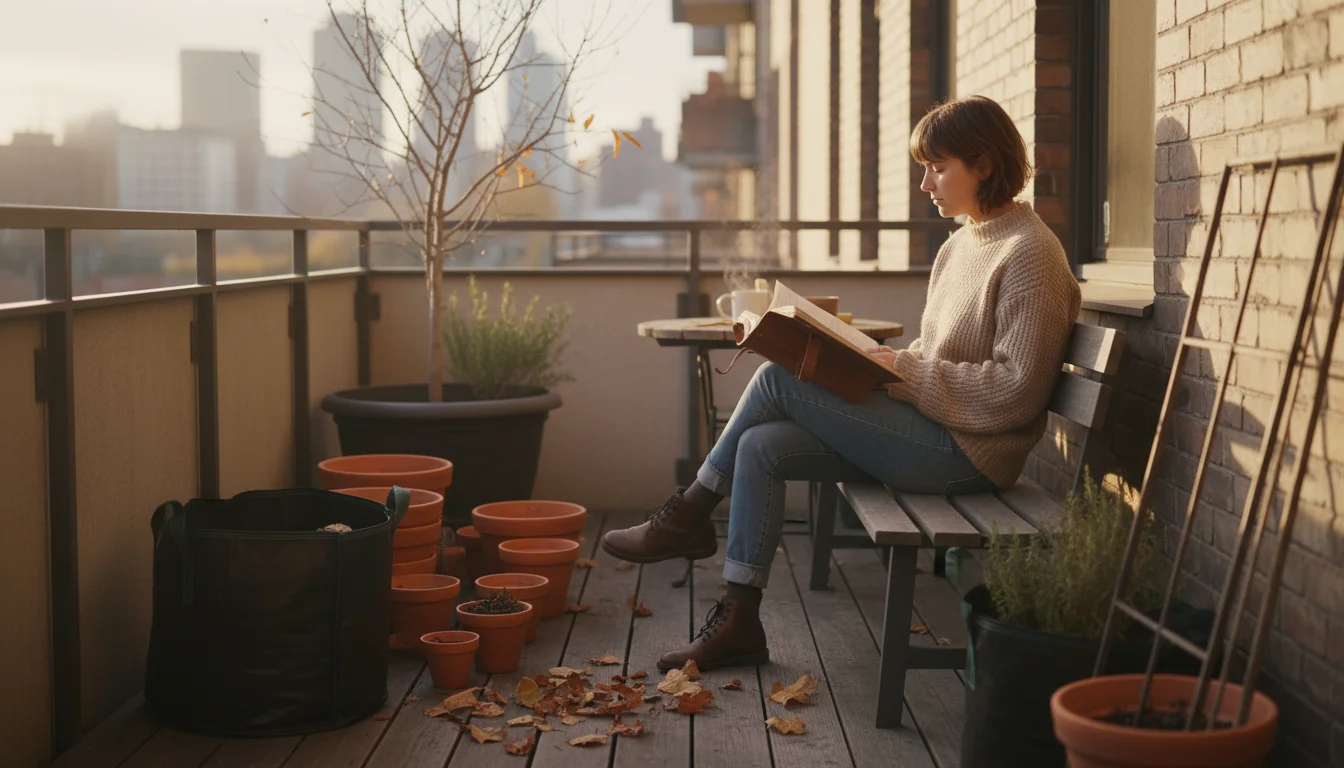 Person on an urban balcony reviewing a garden journal. Cleaned terracotta pots and an airing fabric grow bag are visible nearby.