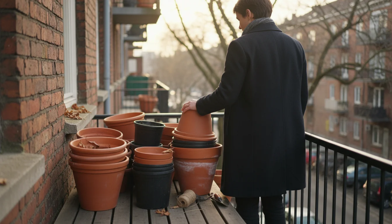 Person on an urban balcony examining neatly stacked empty terracotta and plastic pots, ready for winter preparation.