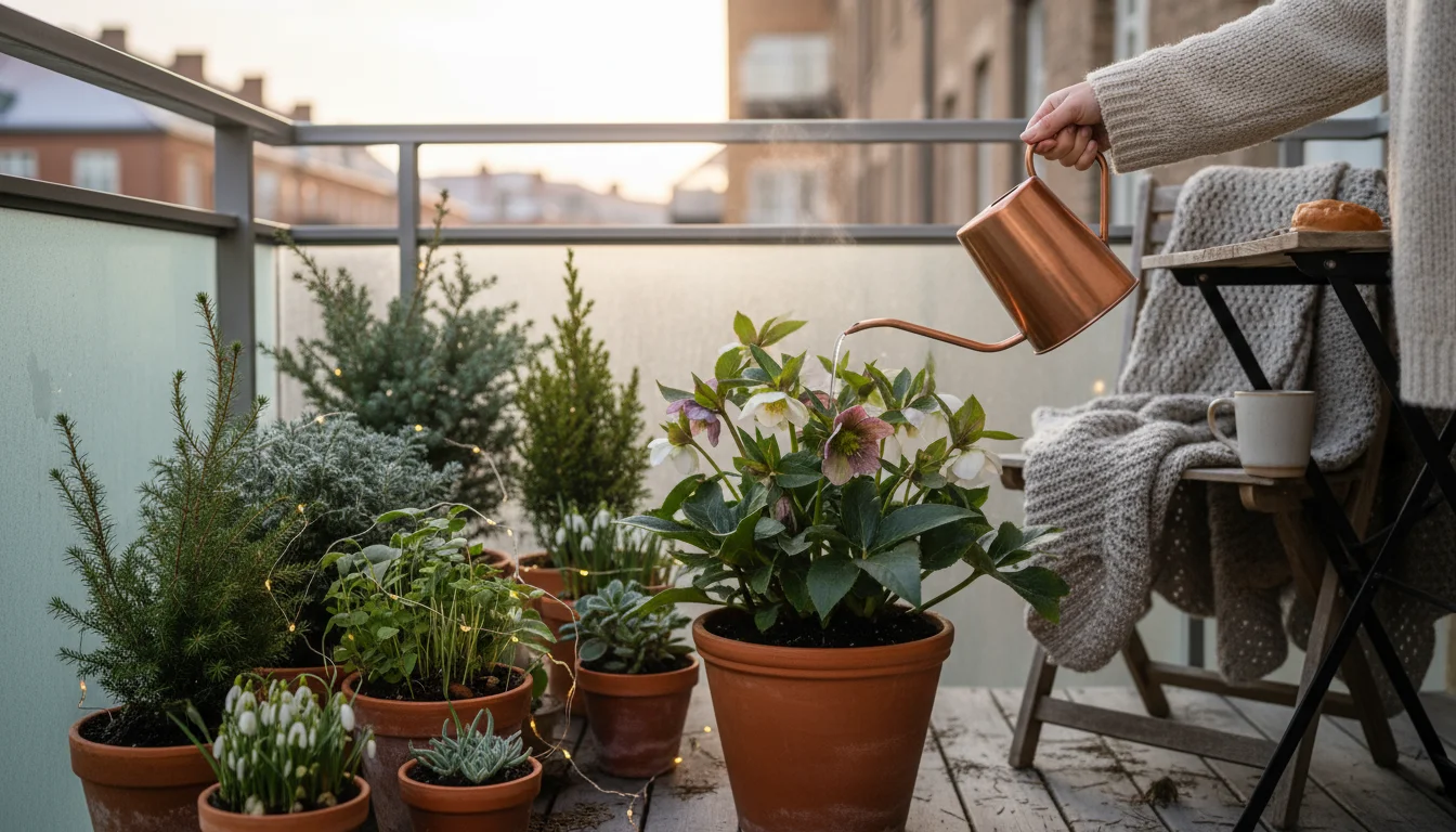 A person waters container plants on an urban balcony. Pots are grouped, some wrapped in burlap for winter protection.