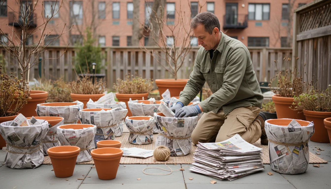 A person carefully wraps an empty terracotta pot with newspaper on a small patio, surrounded by other pots in various stages of winter protection.