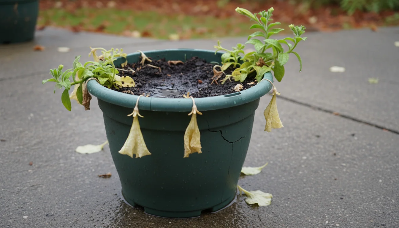 A petunia plant in a plastic pot on a concrete patio shows pale yellow, limp lower leaves and moist soil, indicating overwatering in cool weather.