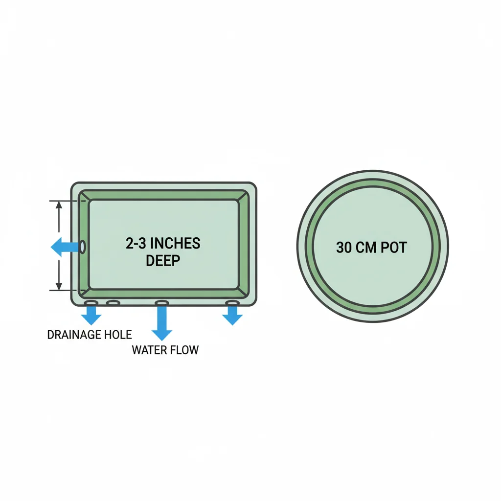 Planting tray diagram: 2-3 inch depth, drainage holes indicated; arrows show water flow. 30 cm pot shown for scale.