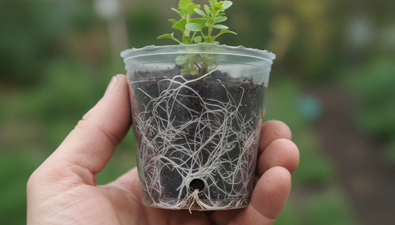 Close-up of a clear plastic pot with a plant cutting, showing white roots visible through the pot and new green leaves at the top.