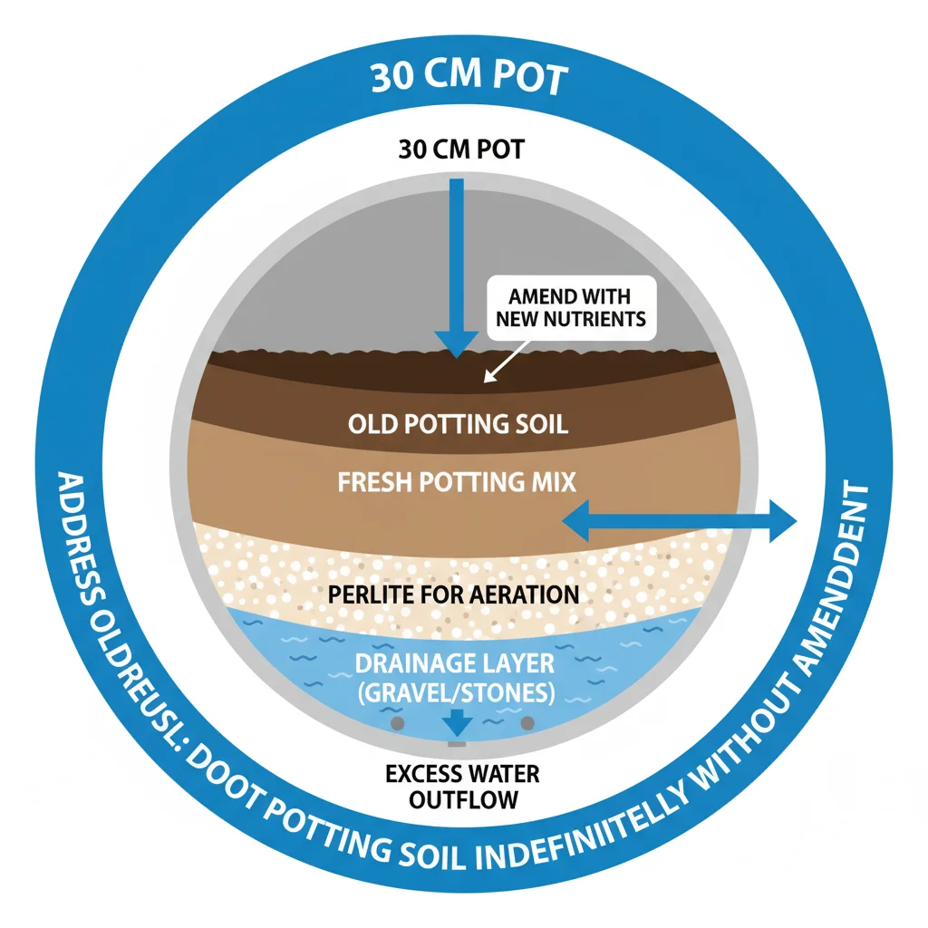 30cm pot diagram: perlite/drainage layer at base, arrows indicate water flow. 