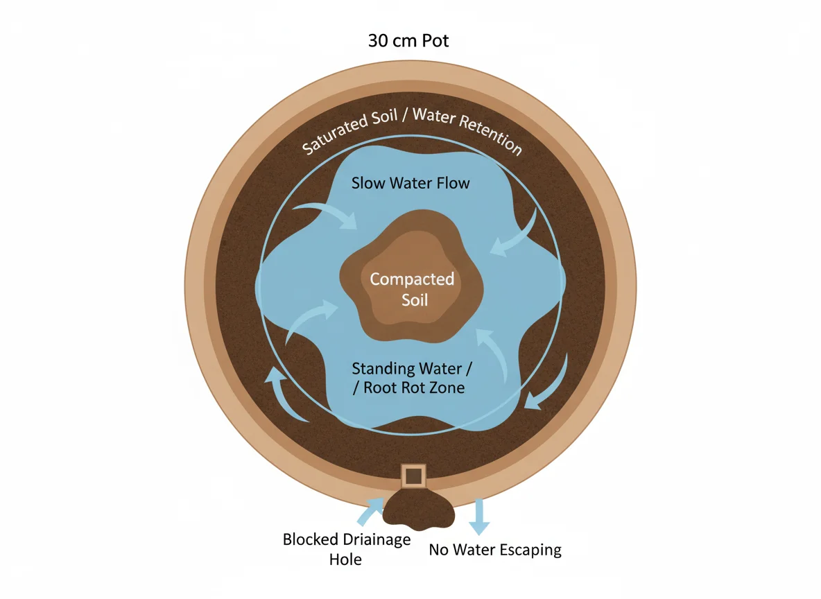 30cm pot diagram: water flow arrows showing drainage from soil, through drainage layer, to drainage holes.
