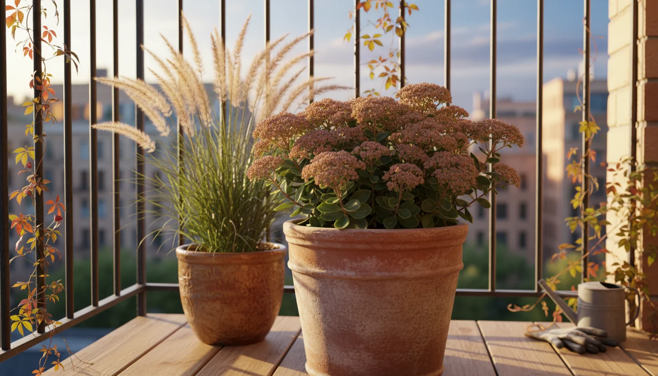 Potted 'Autumn Joy' sedum with pink-bronze flower heads and feathery Fountain Grass on a sunny urban balcony.
