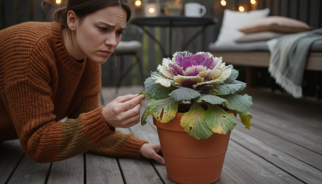 A potted ornamental kale on a patio deck showing yellowed leaves and small holes, a person leans in, examining the plant.