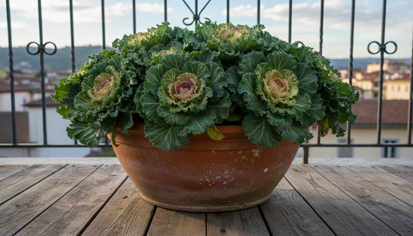 Potted ornamental kale on a wooden balcony, mostly green with subtle hints of pink and cream just starting to appear in the center.