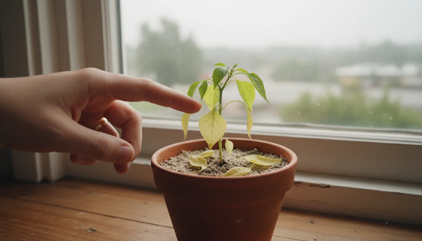Potted pepper plant indoors on a windowsill with yellowing leaves and some leaf drop, a hand gently touching a leaf.