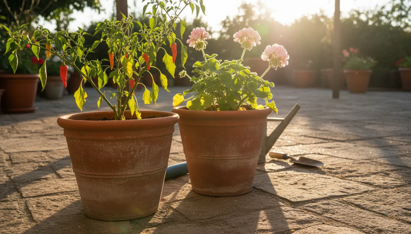 A potted pepper plant with yellowing leaves and a few red peppers beside a leggy geranium with pink flowers on a rustic patio.